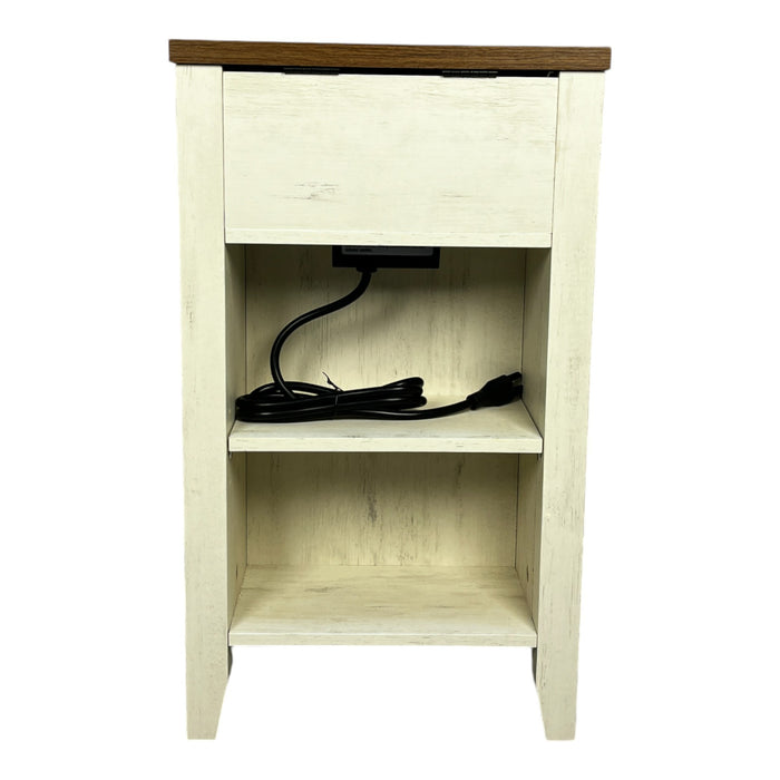 Farmhouse End Table with Charging Station,Night Stand with Barn Door and Drawer, Storage for Bedroom Living Room ,Bedside Table, Bedside Table Brown+white color