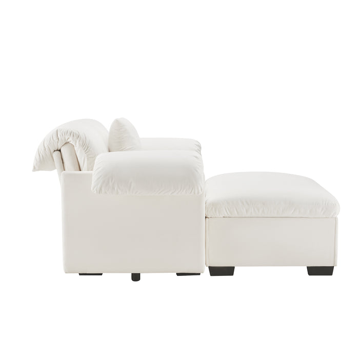 Upholstered Deep Seat Sofa with Fluffy Armrest Pillows and Backrest,Velvet Fabric Single Accent Chair with Ottoman, Both Seat and Ottoman Has Storage Space,Reading Accent Chair Set for Living Room Bed