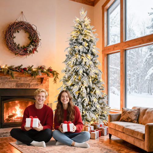 7ft Slim Flocked Christmas Tree Pre-lit w/ 767 Premium PE&PVC Tips, 250Warm White LED Lights, Skinny Noble Artificial Christmas Tree Easy Assembly for Home, Corner, Narrow Place - Image 7