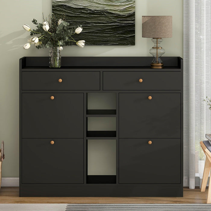 Modern Tipping Bucket Shoe Cabinet with 4 Flip Drawers, Multifunctional 2-Tier Shoe Storage Organizer with Drawers, Free Standing Shoe Rack for Entrance Hallway, Black. - DTYStore