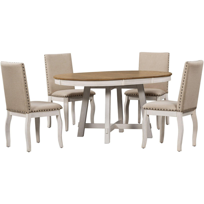 5-Piece Farmhouse Dining Table Set Wood Round Extendable Table and 4 Upholstered Chairs