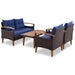 GO 4-Piece Garden Furniture, Patio Seating Set, PE Rattan Outdoor Sofa Set, Wood Table and Legs, Brown and Blue - DTYStore