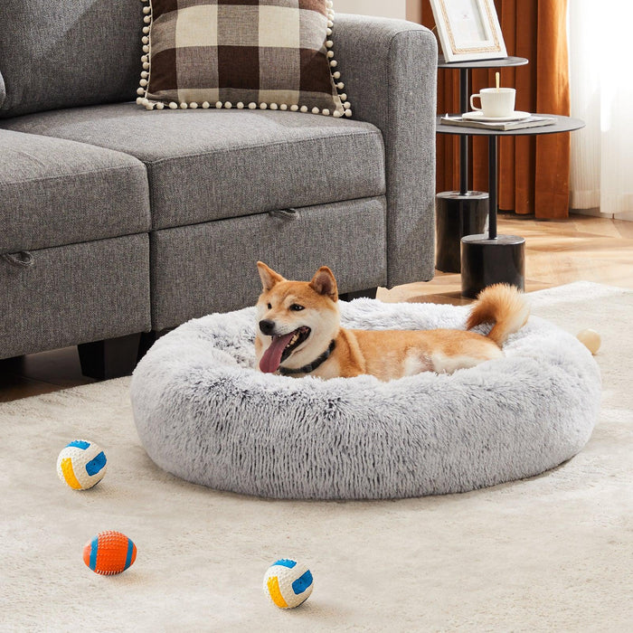Anti-Slip Round Fluffy Plush Faux Fur Cat Bed, Small gray