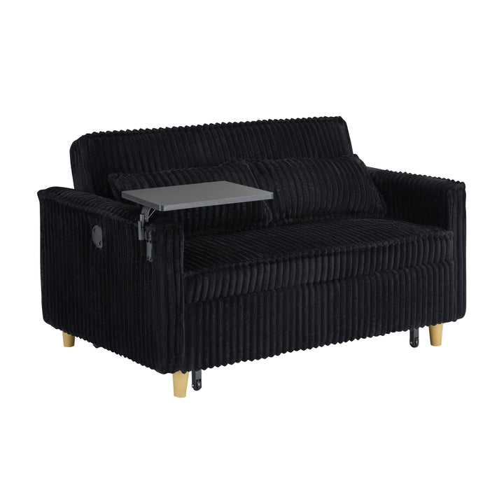 The pull-out and push-in black corduroy sofa with dual functions, equipped with a movable tabletop and USB ports, is suitable for use in living rooms and bedrooms.