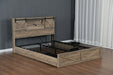 Farmhouse Bed Frame Queen Size with LED Lights and Charging Station, Wooden Queen Bed with 2 Storage Drawers, Rustic Headboard with Sliding Barn Door Storage Cabinets - DTYStore