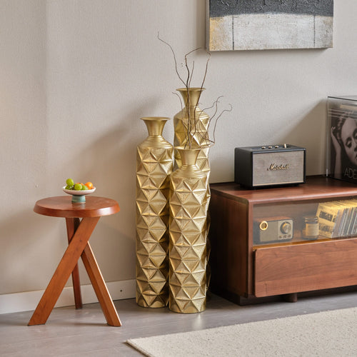 Metal Decorative Vase High Distress Metal Center Vase With 3D Triangle Pattern, Set Of 3 Vases for Home Decoration 33.5', 29.5', 25.2'High, Gold - Image 6