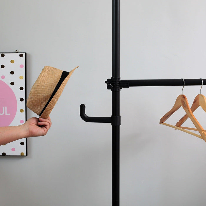 Telescopic Garment Rack, Heavy Duty Design Movable DIY No Damage to Wall Ceiling Hanging Rail, Adjustable, 120 Kilogram Loading, Reach Hook Included