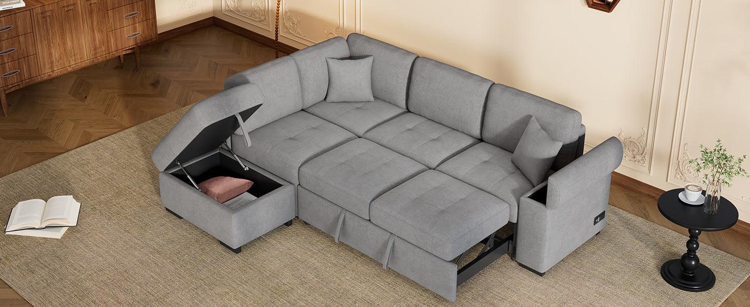 Sleeper Sectional Sofa, L-Shape Corner Couch Sofa-Bed with Storage Ottoman & Hidden Arm Storage & USB Charge for Living Room Apartment, Gray - DTYStore