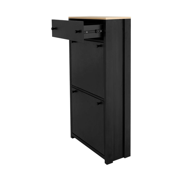 Functional Entryway Organizer with 2 Flip Drawers, Wood Grain Pattern Top Shoe Cabinet with Drawer, Free Standing Shoe Rack with Adjustable Panel for Hallway, Black - DTYStore