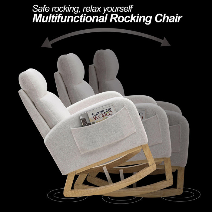 27.6"W Modern Accent High Backrest Living Room Lounge Arm Rocking Chair, Two Side Pocket ,Teddy White (Ivory) - DTYStore