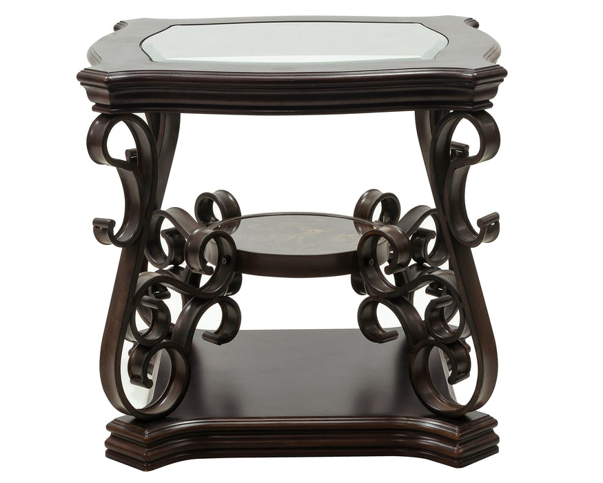End table, Glass table top, MDF W/marble paper middle shelf, powder coat finish metal legs. (26.3"Lx26.3"Wx24"H) - DTYStore
