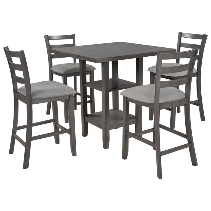 5-Piece Wooden Counter Height Dining Set with Padded Chairs and Storage Shelving - DTYStore