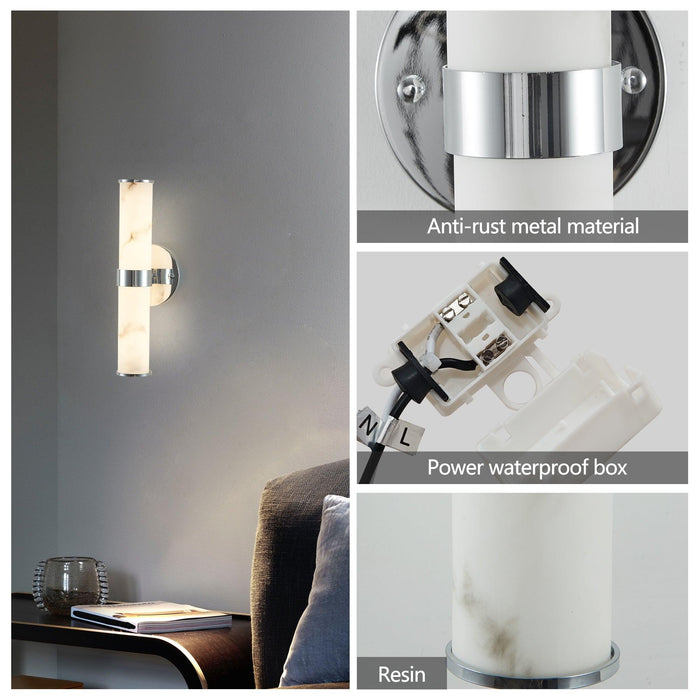 Resin Imitation Marble and Chrome Wall Sconce, Set of 2,Modern Vertical Light Fixture for Bathrooms, Hallways, and Bedrooms (Only Indoor) - DTYStore