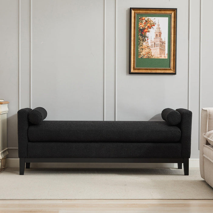 66.34"W Elegant Upholstered Bench,Daybed, Ottoman with Wood Legs & 2 Bolster Pillows for End of Bed, Bedroom, Living Room, Entryway,Black Boucle - DTYStore