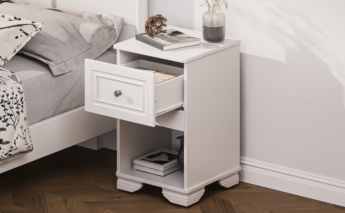 Elegant Design Nightstand with Drawer and Open Shelf for Bedroom, Retro Style Bedside Table with Classic Design and Metal Handle,White