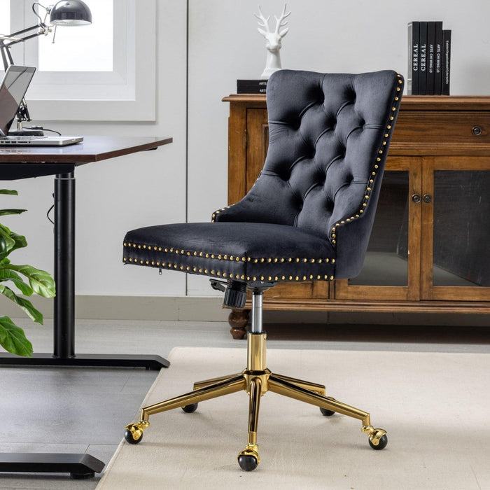 Furniture Office Chair,Velvet Upholstered Tufted Button Home Office Chair with Golden Metal Base,Adjustable Desk Chair Swivel Office Chair (Black) - DTYStore