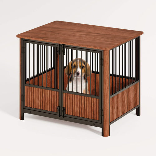 31.5'' Walnut Fluted Wood Furniture Style Dog Crate for small & Medium Dogs - Double Door Design, Decorative Pet House & Indoor Side End Table. - Image 8
