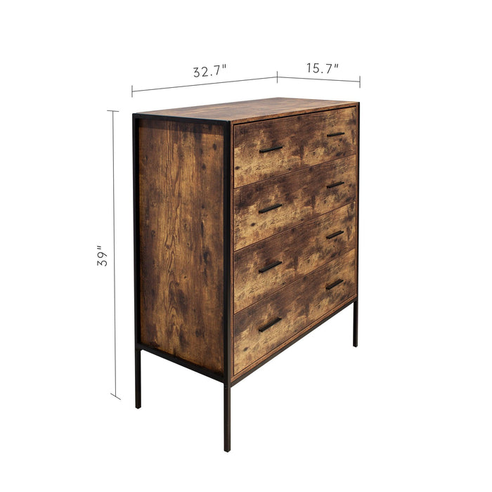 Industrial Style 4 Drawer Dresser,Rustic Brown Wood Storage Dresser Clothes Organizer with Sturdy Steel Frame, Chest with 4 Drawer, Storage Cabinet for Bedroom, Living Room - DTYStore