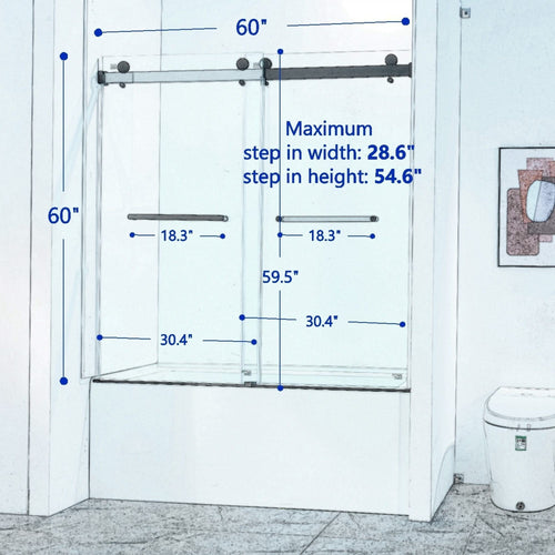 56-60'W x 60'H Frameless Double Sliding Tub Shower Door, 304 Stainless Steel in Matte Black, 5/16' (8mm) Thick SGCC Tempered Clear Glass. - Image 10