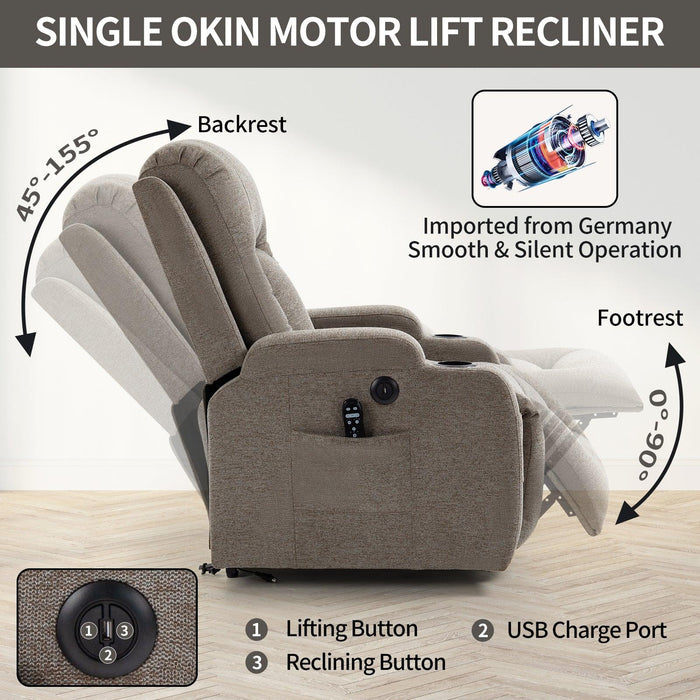 Infinite Position Single Motor Up to 350 LBS Power Lift Recliner Chair for Elderly, Heavy Duty Motion Mechanism with 8-Point Vibration Massage and Lumbar Heating, USB Charging Port, Cup Holders, Brown - DTYStore