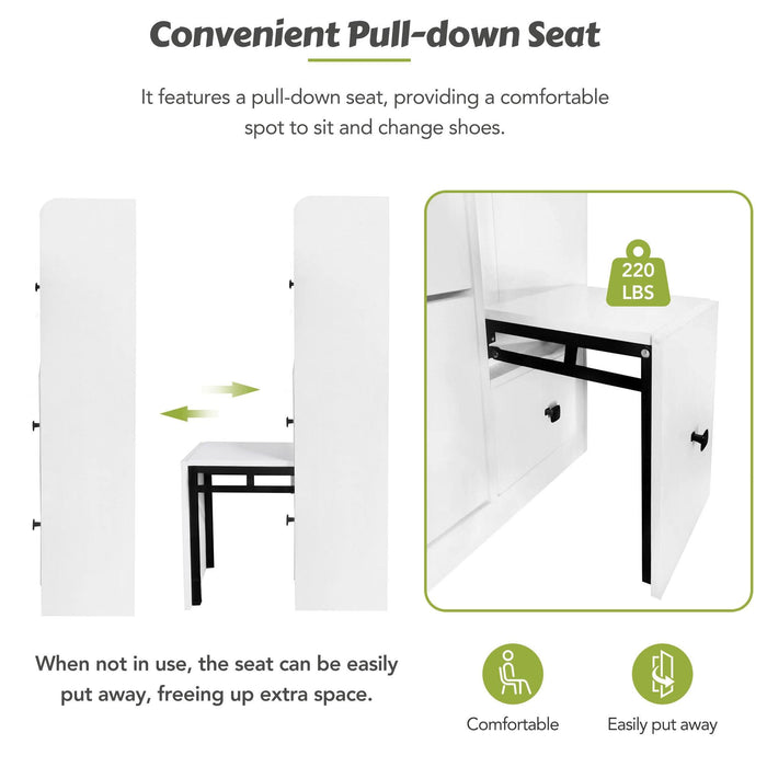 Versatile Tipping Bucket Shoe Cabinet with 3 Flip Drawers, Maximum Storage Entryway Organizer with Drawer, Free Standing Shoe Rack with Pull-down Seat for Hallway, White - DTYStore