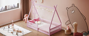 Twin Size Wood House Bed with Fence, Pink - DTYStore
