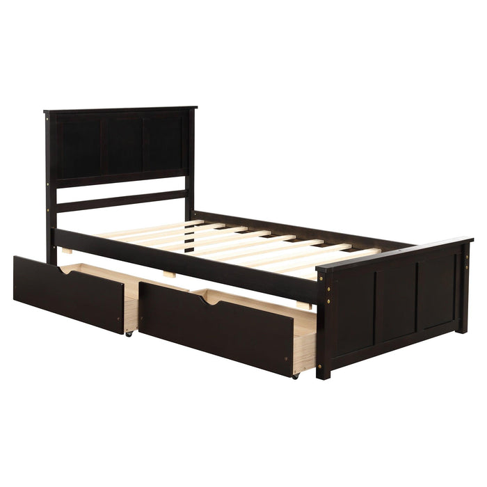 Platform Storage Bed, 2 drawers with wheels, Twin Size Frame, Espresso - DTYStore
