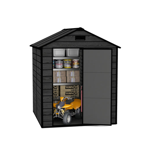 Campcraft 6*6ft resin storage shed, high quality pp material, strong structure, waterproof, rust and UV proof, large storage space, 12mm thick pp board, HD window lighting Black wood grain color - Image 21