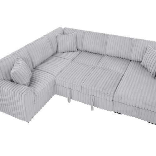 122 Inch Pull Out Couch, Rabbit plush Fabric Sofa Bed with USB Ports & Comfy Upholstered, Oversized U Shape Sectional Sleeper Sofa Bed with Storage Chaise, Grey - Image 6