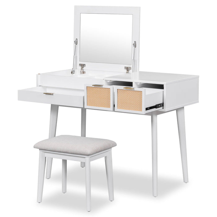 43.3" Classic Wood Makeup Vanity Set with Flip-top Mirror and Stool, Dressing Table with Three Drawers and storage space, White - DTYStore