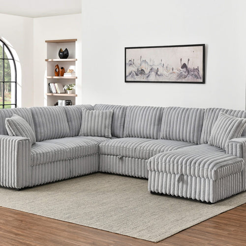 122 Inch Pull Out Couch, Rabbit plush Fabric Sofa Bed with USB Ports & Comfy Upholstered, Oversized U Shape Sectional Sleeper Sofa Bed with Storage Chaise, Grey - Image 2