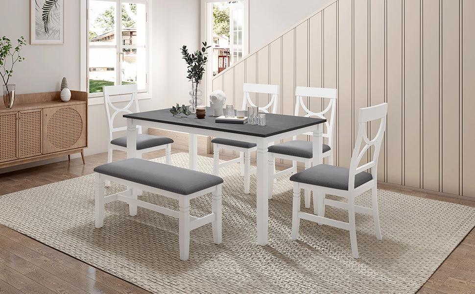 6-Piece Wood Dining Table Set Kitchen Table Set with Upholstered Bench and 4 Dining Chairs, Farmhouse Style,Gray+White - DTYStore