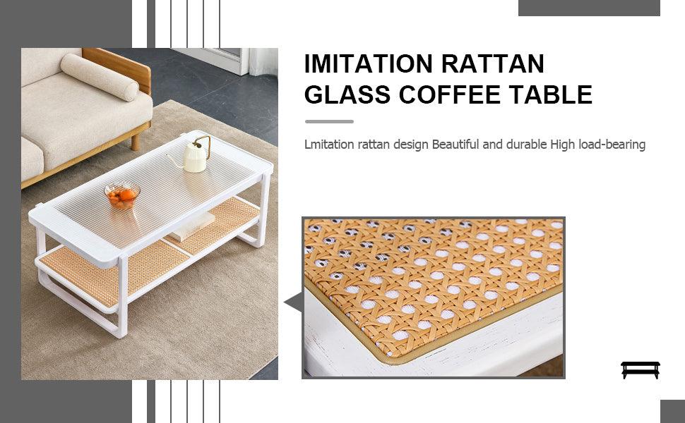 Modern Minimalist White Double Layered Solid Wood Coffee Table. Glass tabletop, imitation rattan edge table. Rectangular table suitable for living room, dining room, and bedroom - DTYStore