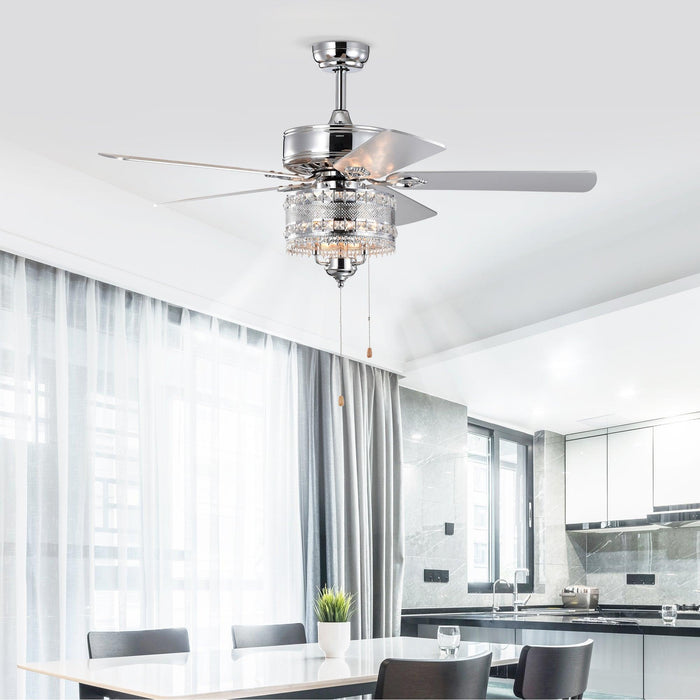 52'' Classical Crystal Ceiling Fan Lamp 5 Reversible Blades for Living Room, Dining Room, Bedroom, Family Room, Chrome (Hand Pull Chain) - DTYStore