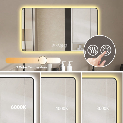 Modern Black Aluminum Frame Wall Mirror with Rounded Corners, Temperature Display, Tri-Color Light, Defogging - Image 7