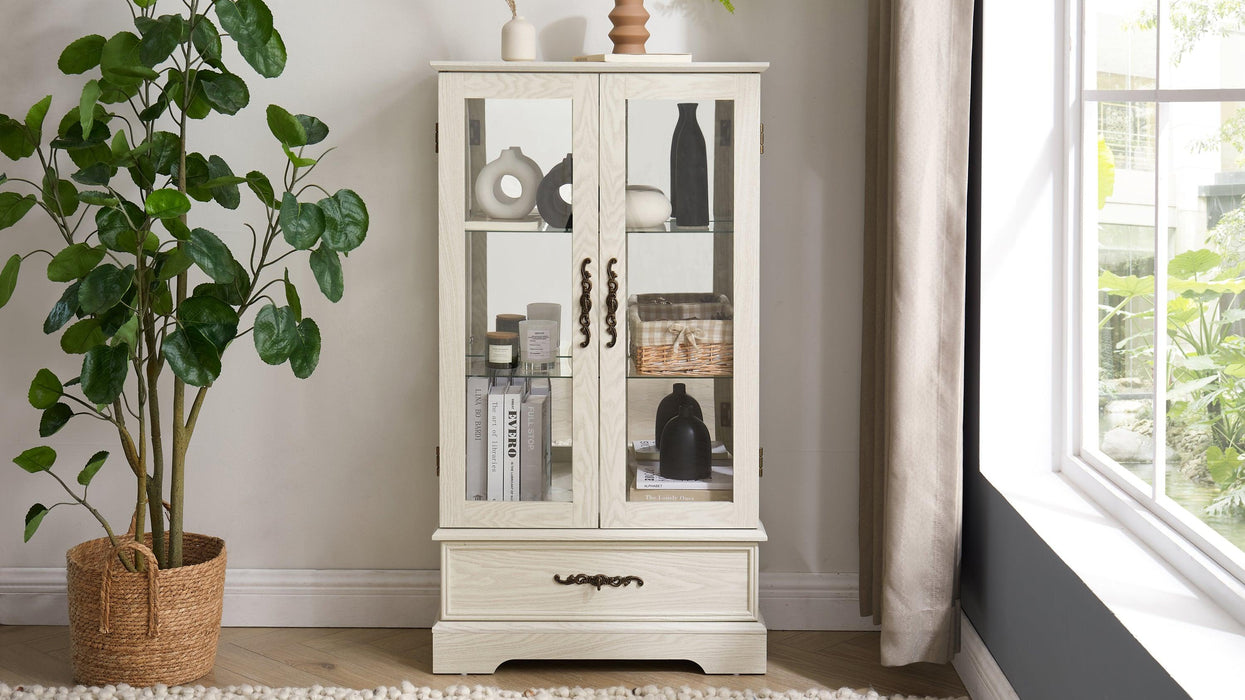 Glass Cabinet Lighted Glass Cabinet Curio Display Cabinet with Adjustable Glass Shelves 2 Doors and 1 drawer Cabinet Bulb Included White - DTYStore