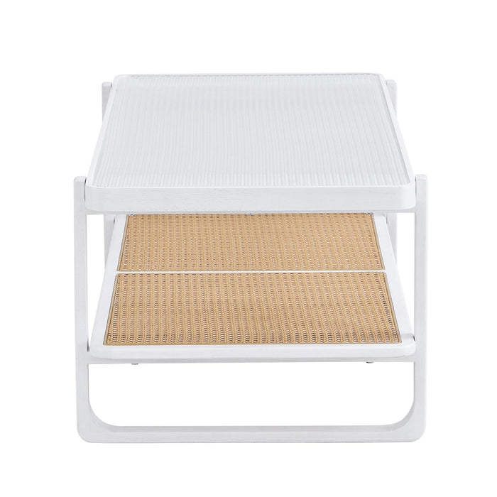 Modern Minimalist White Double Layered Solid Wood Coffee Table. Glass tabletop, imitation rattan edge table. Rectangular table suitable for living room, dining room, and bedroom - DTYStore