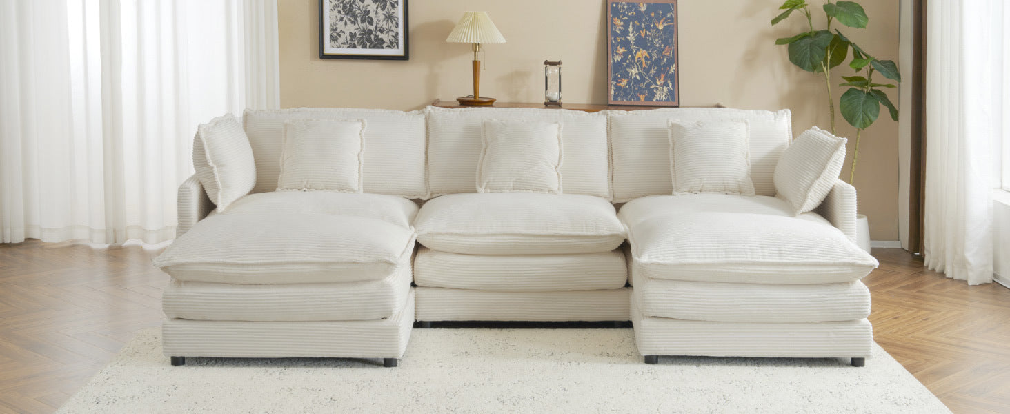 112.6" Modern Sofa Modular Sofa Couch Upholstered Corduroy L-Shape Sectional Sofa with Side Storage Pockets for Living Room, Beige