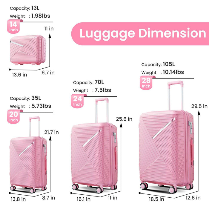 Luggage Sets 4 Piece(14/20/24/28), Expandable Lightweight Suitcase with 4 Double 360 Degrees Mute Spinner Wheels PP Materials Durable TSA Lock Travel Luggage - DTYStore