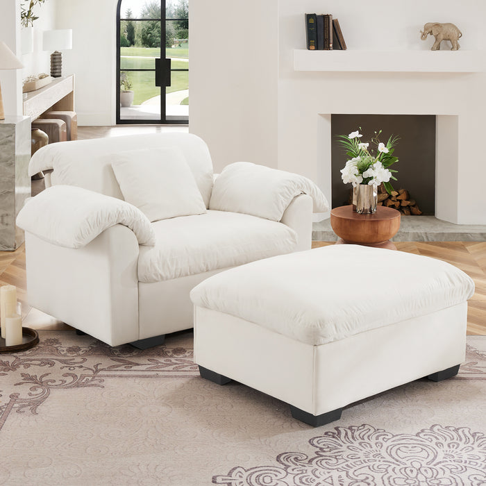 Upholstered Deep Seat Sofa with Fluffy Armrest Pillows and Backrest,Velvet Fabric Single Accent Chair with Ottoman, Both Seat and Ottoman Has Storage Space,Reading Accent Chair Set for Living Room Bed