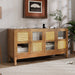 Retro 4-Door Sideboard with Large Storage Space Artificial Rattan Doors and Transparent Glass, Accent Cabinet for Entryway Dining Room Kitchen Living Room,(Antique Brown) - DTYStore