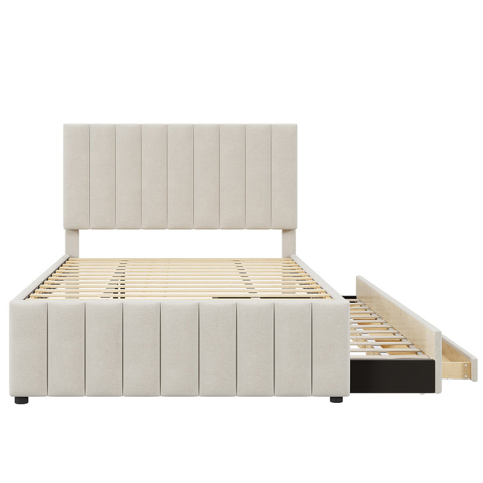 Full Size Upholstered Platform Bed with Twin Size Trundle and 3 Drawers, Linen Fabric, Beige