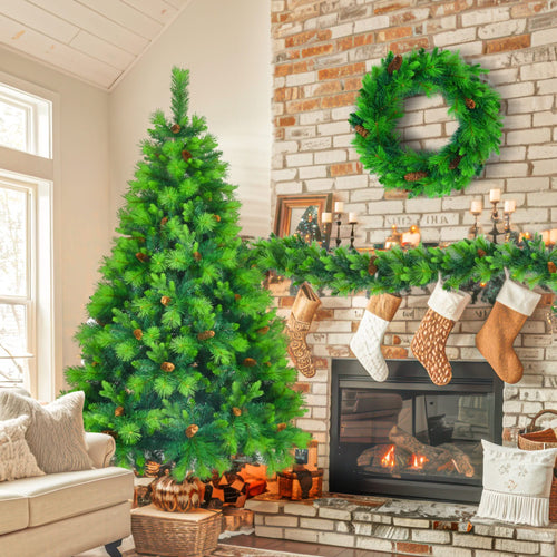 6FT Grass Green Christmas Tree, Large Branches Pine Tree, Pre-Lit Set with Tree & Garland & Wreath, Artificial Christmas with Pine Cones, Hinged Xmas Tree , for Holiday Party Ofiice Home - Image 2
