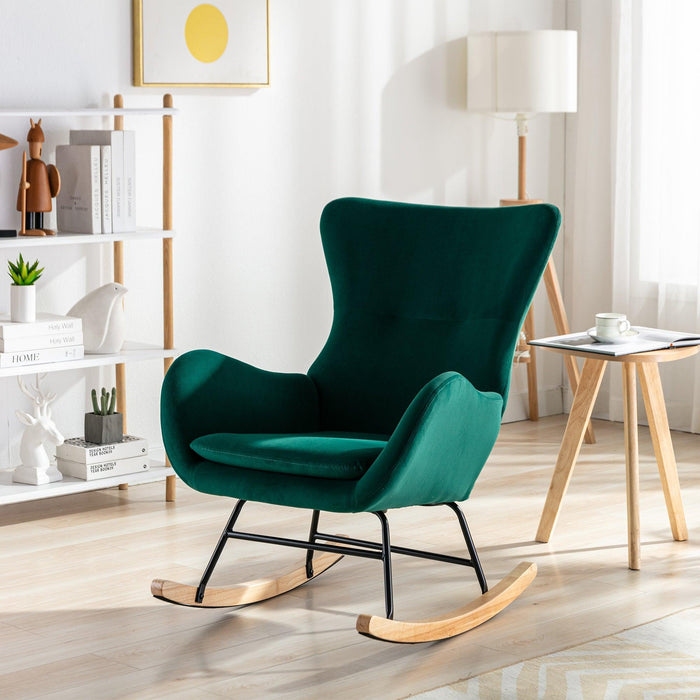 Velvet Fabric Padded Seat Rocking Chair with High Backrest and Armrests
