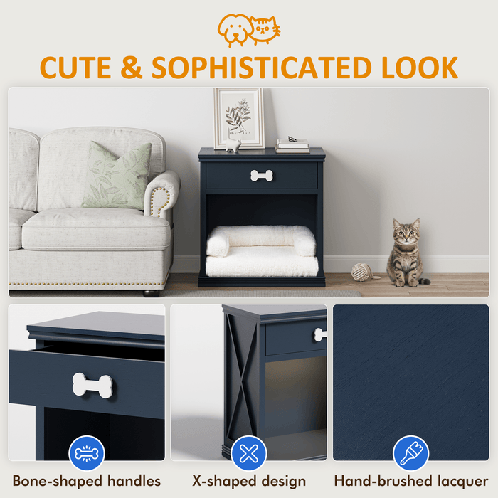 Vintage Small Storage Cabinet with Led Light and Pet Bed, Hidden Cat Litter Box with Drawer and Semi-Open Space