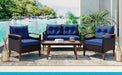 GO 4-Piece Garden Furniture, Patio Seating Set, PE Rattan Outdoor Sofa Set, Wood Table and Legs, Brown and Blue - DTYStore