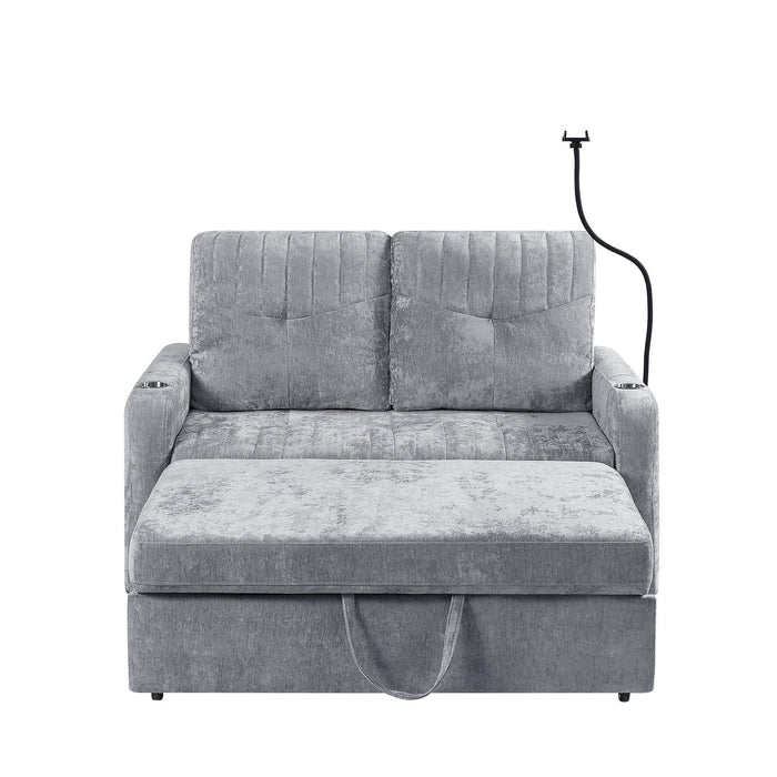 53.9" Modern Loveseat Pull-out Sofa Bed with Adjustable Backrest, Two Cup Holders , a Phone Holder, Three Charging Ports and Side Storage Pockets for Living Room, Grey - DTYStore