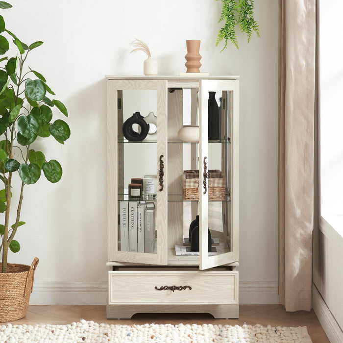 Glass Cabinet Lighted Glass Cabinet Curio Display Cabinet with Adjustable Glass Shelves 2 Doors and 1 drawer Cabinet Bulb Included White - DTYStore
