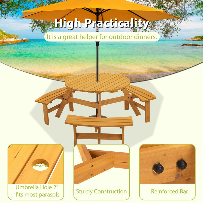 6-Person Circular Outdoor Wooden Picnic Table for Patio, Backyard, Garden, DIY w/ 3 Built-in Benches, 1720lb Capacity - Natural - DTYStore