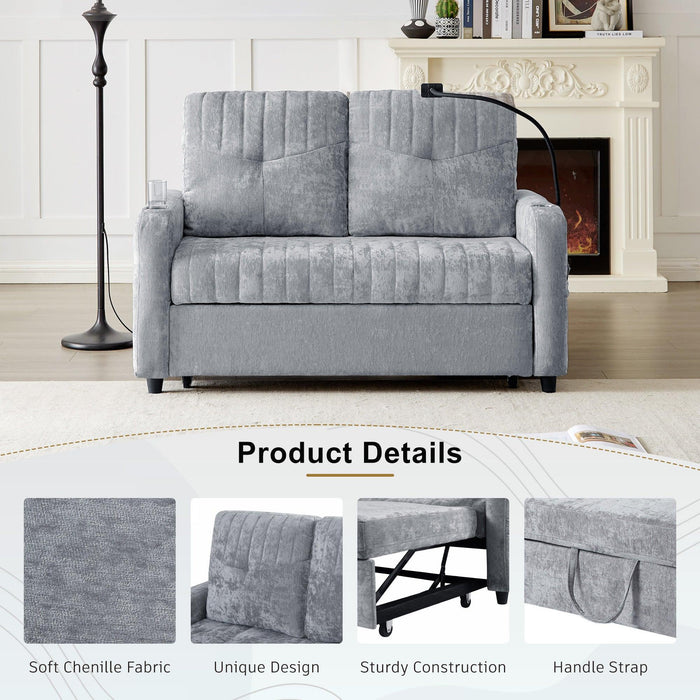 53.9" Modern Loveseat Pull-out Sofa Bed with Adjustable Backrest, Two Cup Holders , a Phone Holder, Three Charging Ports and Side Storage Pockets for Living Room, Grey - DTYStore